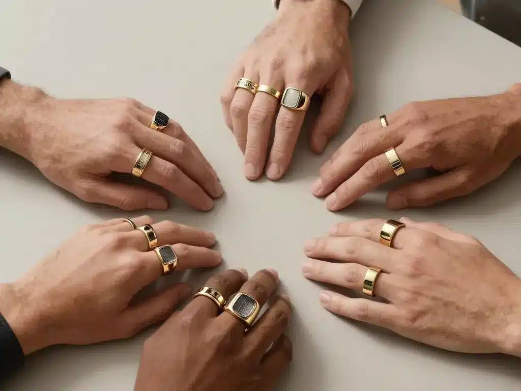 différents styles de chevalière homme personnalisable sur mains variées