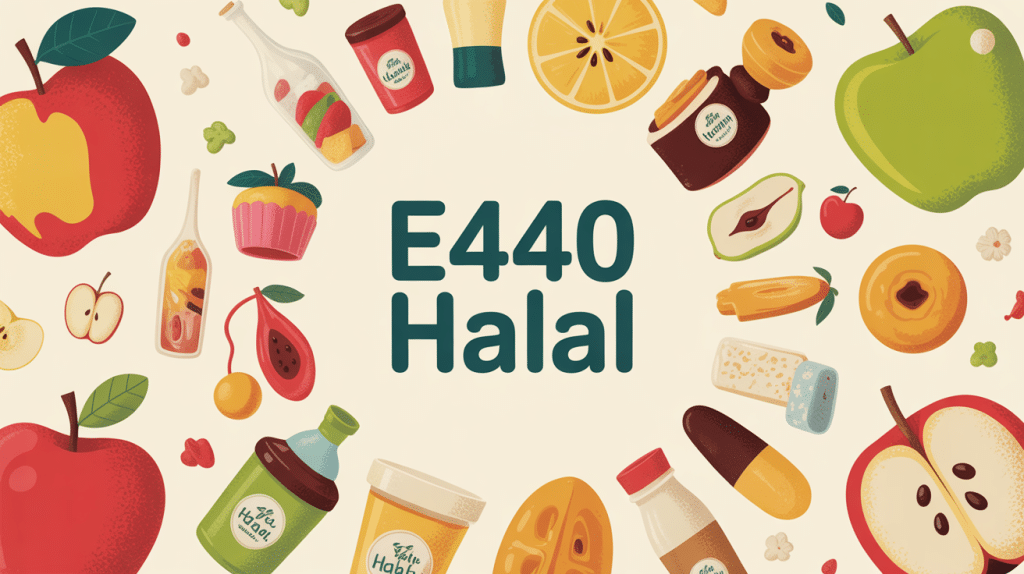 illustration moderne e440 halal avec fruits et produits sucrés