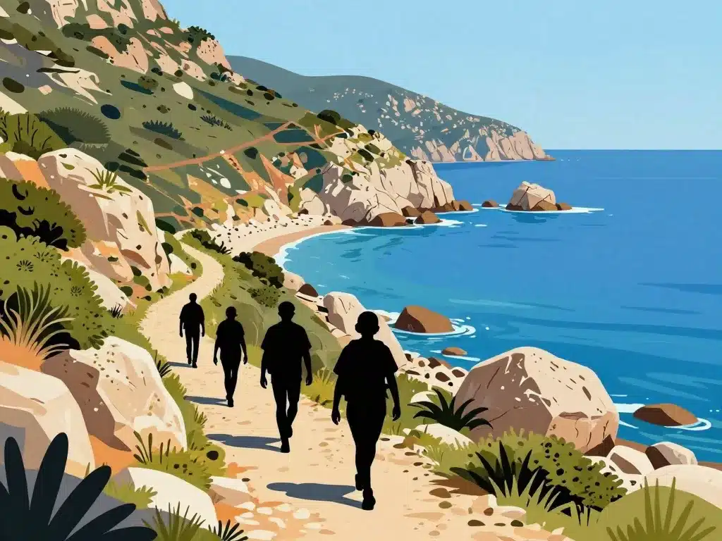 scène silhouettes exploration criques et sentiers plage du liouquet