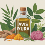 iyura avis synthèse visuelle flacon huile ayurvédique et plantes indiennes