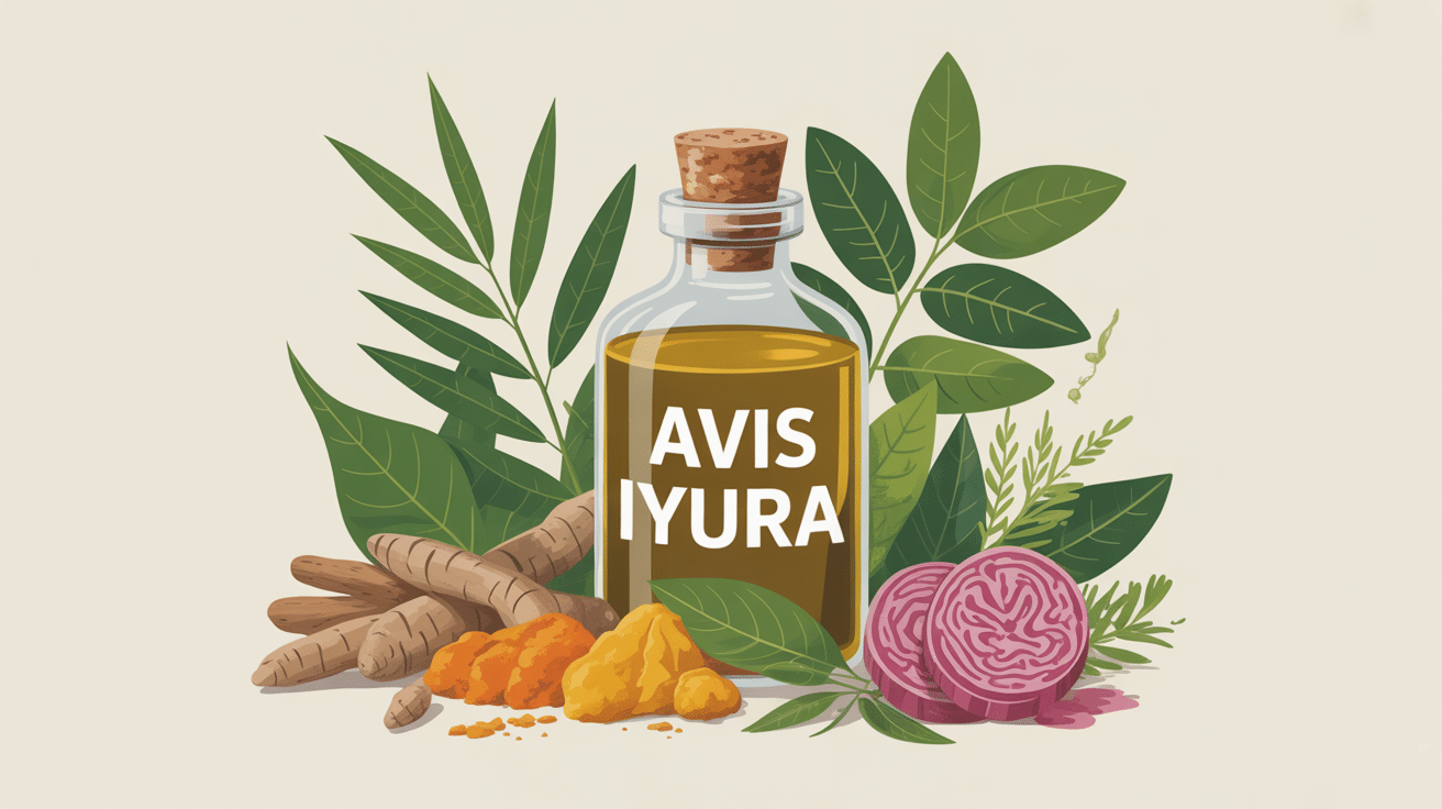 iyura avis synthèse visuelle flacon huile ayurvédique et plantes indiennes