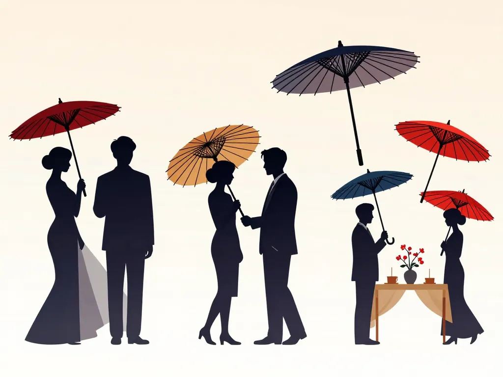 personnages avec ombrelle japonaise mariage mode intérieur