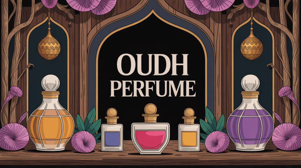 illustration oudh perfume flacons bois d'agar doré