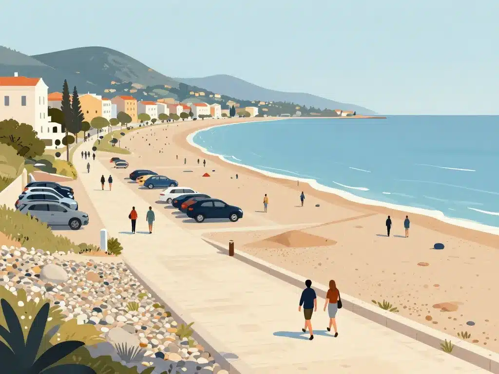 vue éditoriale plage du liouquet accès parking et paysage