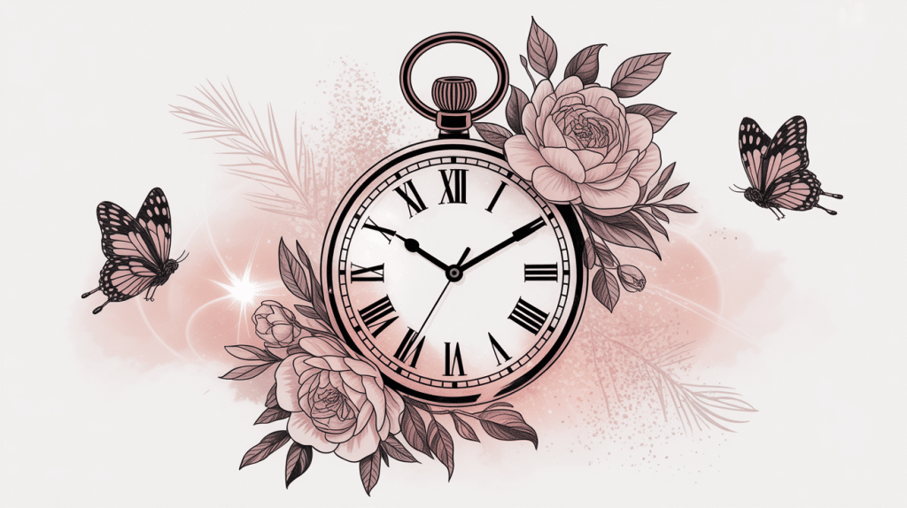 tatouage horloge femme entourée de fleurs et papillons