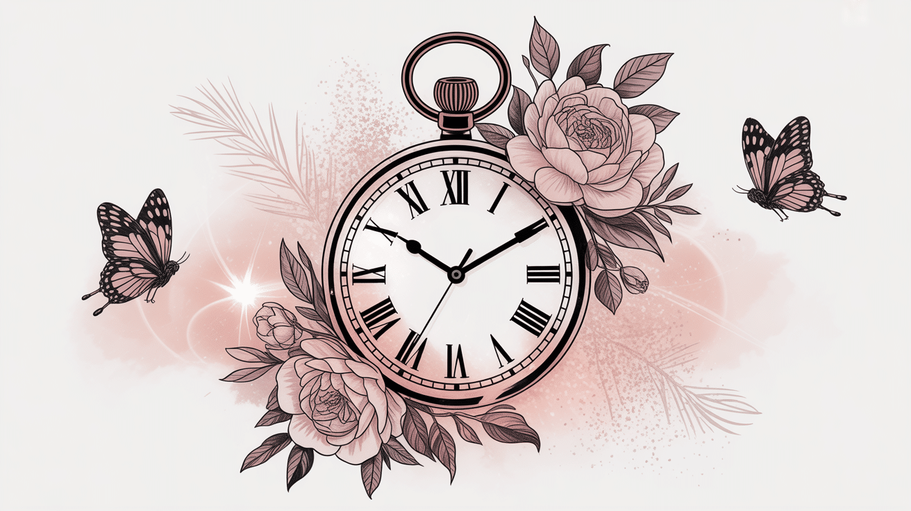 tatouage horloge femme entourée de fleurs et papillons