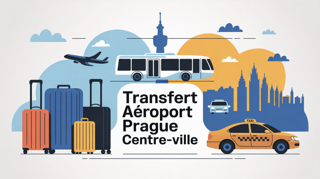 illustration transfert aeroport prague au centre ville valise navette bus taxi