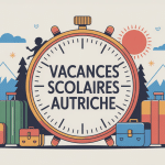 Illustration vacances scolaires Autriche horloge valises montagnes