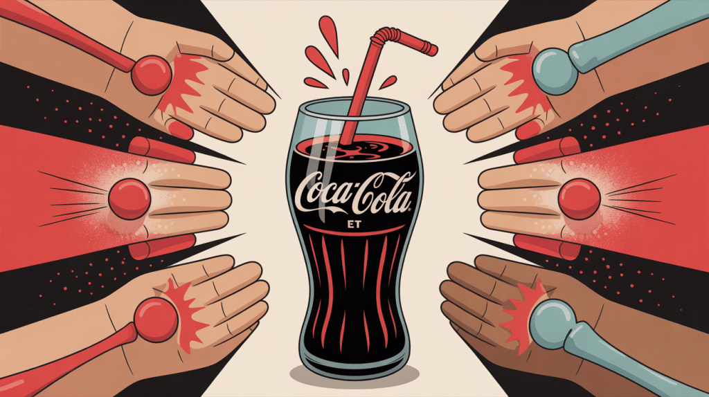 Crise de goutte et coca-cola, illustration d'un verre de soda et cristaux d'acide urique