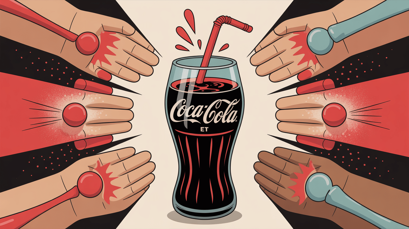 Crise de goutte et coca-cola, illustration d'un verre de soda et cristaux d'acide urique