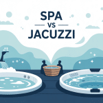 Différence entre spa et jacuzzi avec illustration stylisée, bulles et silhouettes