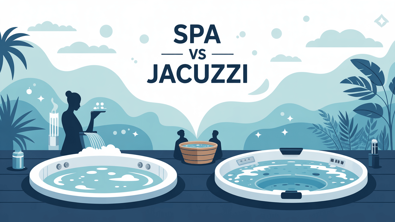 Différence entre spa et jacuzzi avec illustration stylisée, bulles et silhouettes