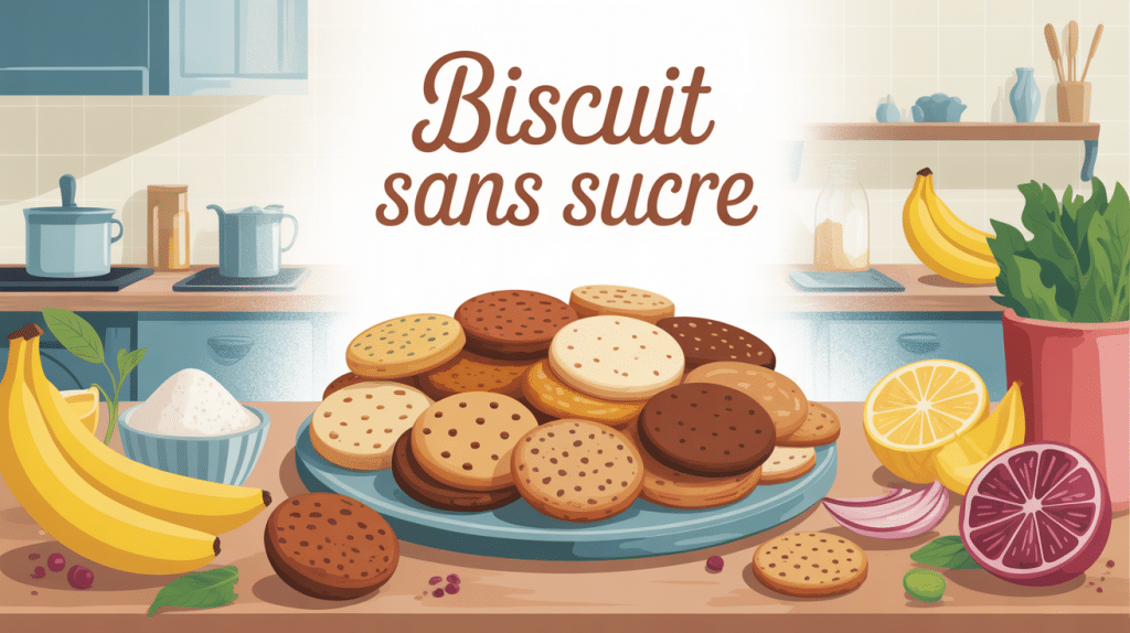 Illustration recette biscuit sans sucre, assiette variée et ingrédients sains