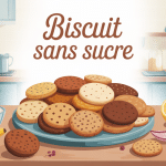 Illustration recette biscuit sans sucre, assiette variée et ingrédients sains