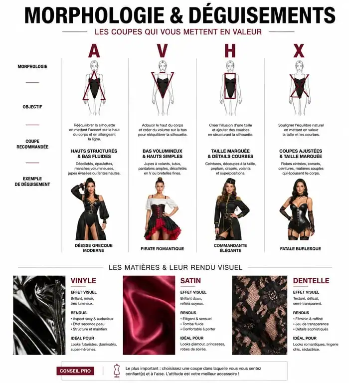 Infographie guide morphologie et matières pour choisir son déguisement sexy