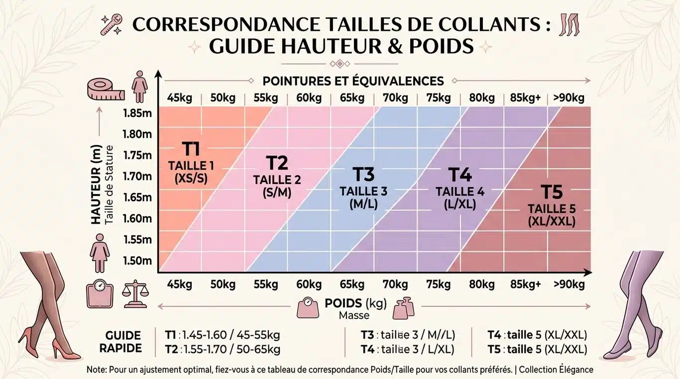 Tableau de correspondance des tailles de collants en fonction de la stature et du poids