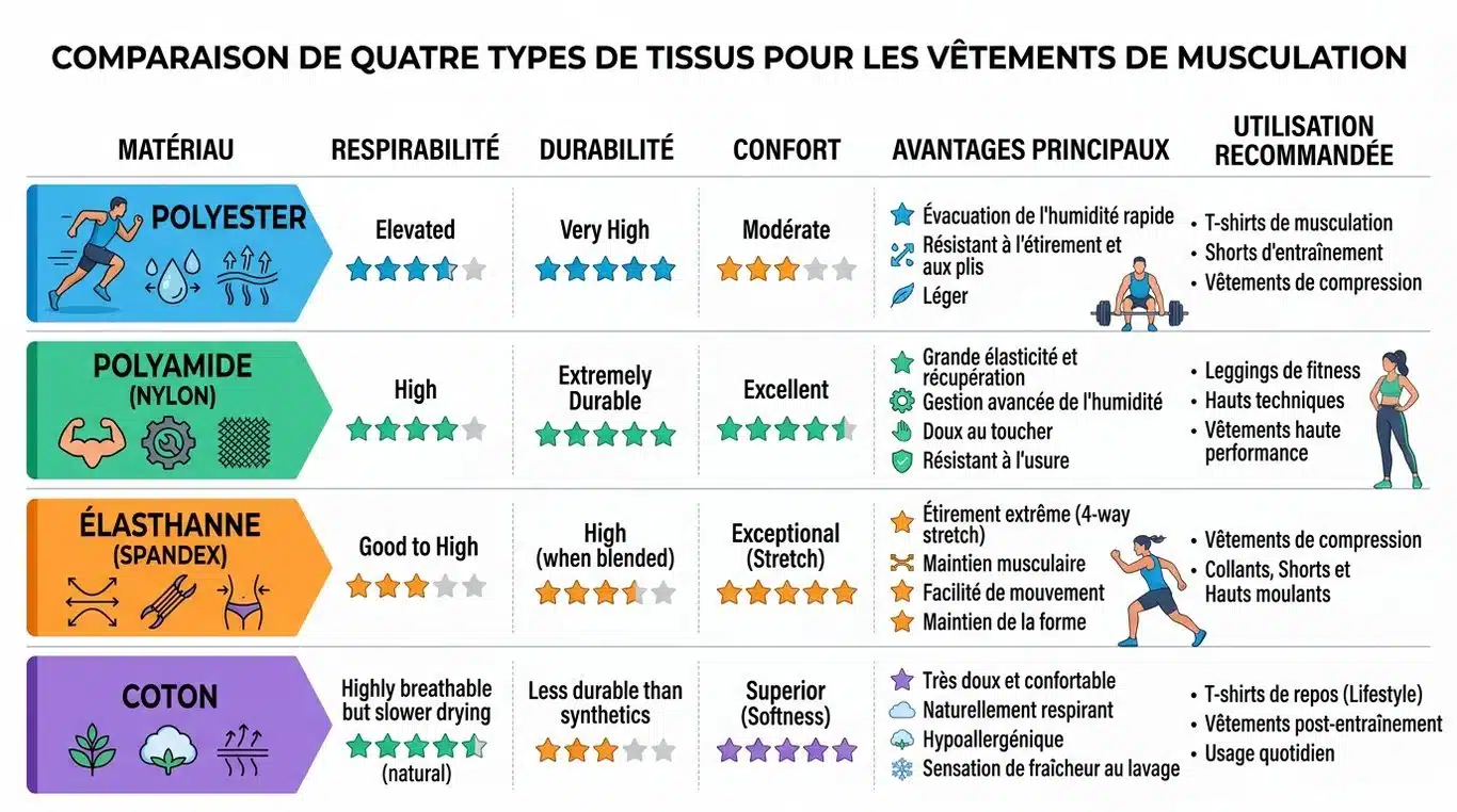 Infographie comparative des matières textiles pour vêtements de musculation : Polyester, Polyamide, Élasthanne et Coton