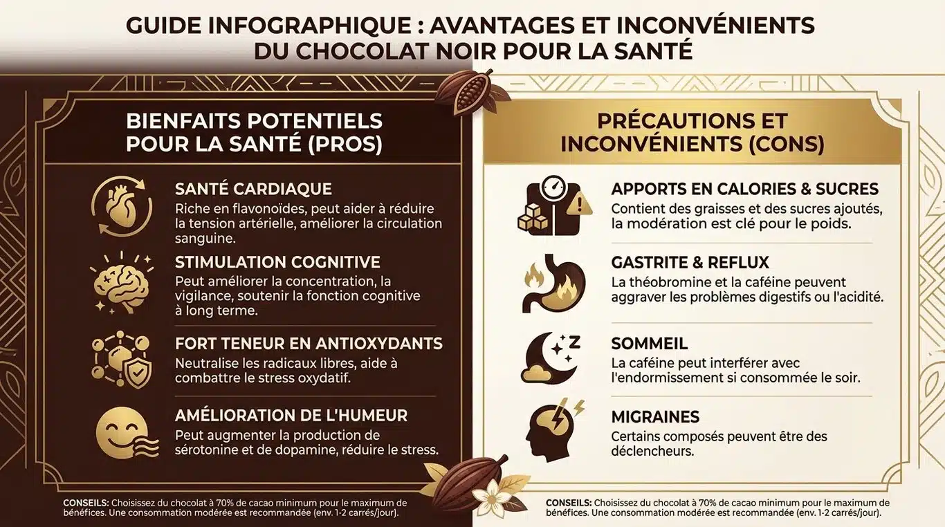 Infographie résumant les bienfaits et méfaits du chocolat noir pour la santé