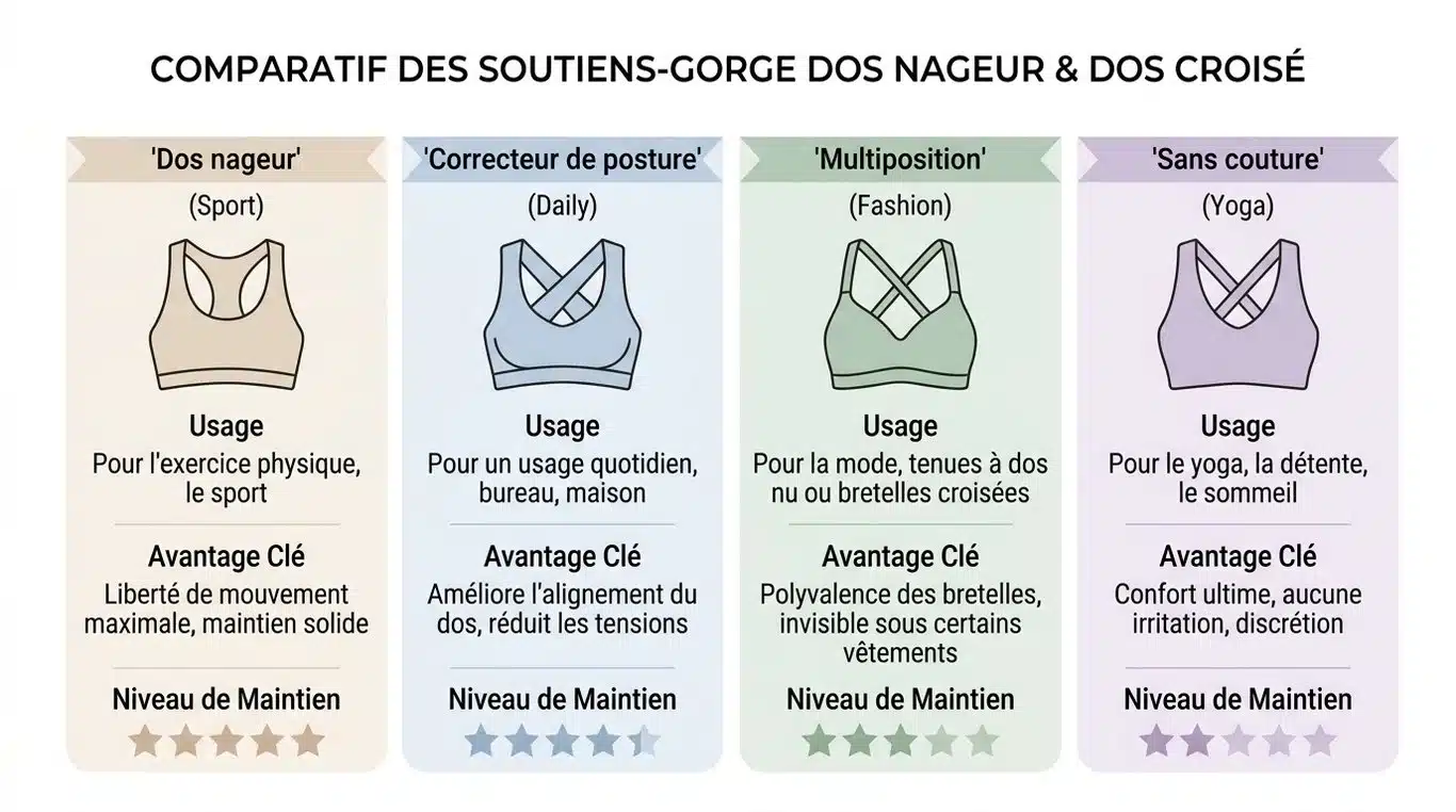 Tableau comparatif visuel des différents types de soutiens-gorge croisés dans le dos selon l'usage, le bénéfice clé et le niveau de maintien.