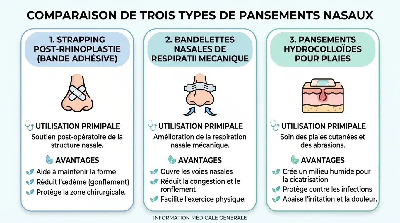 Infographie comparative des différents types de pansements pour le nez : post-opératoire, respiratoire et cicatrisant.