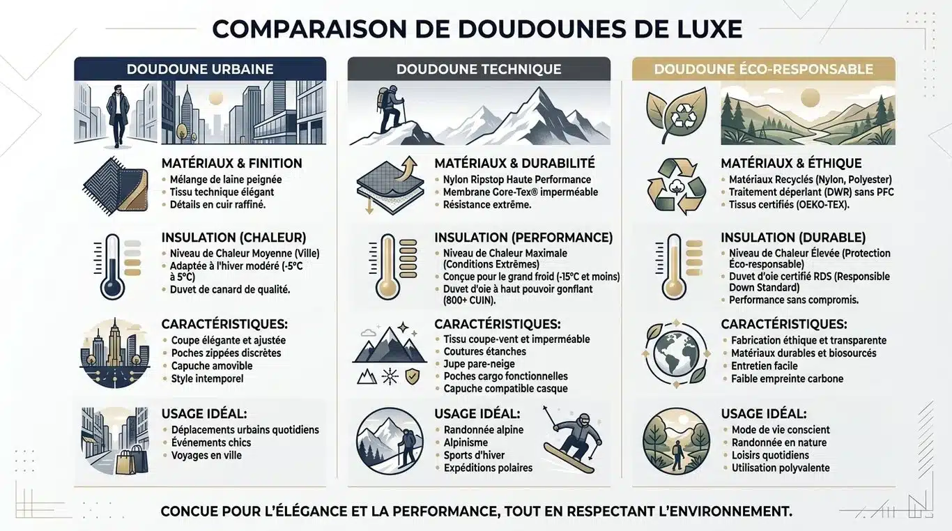 Infographie comparative des types de doudounes de luxe : urbaine, technique et éco-responsable.