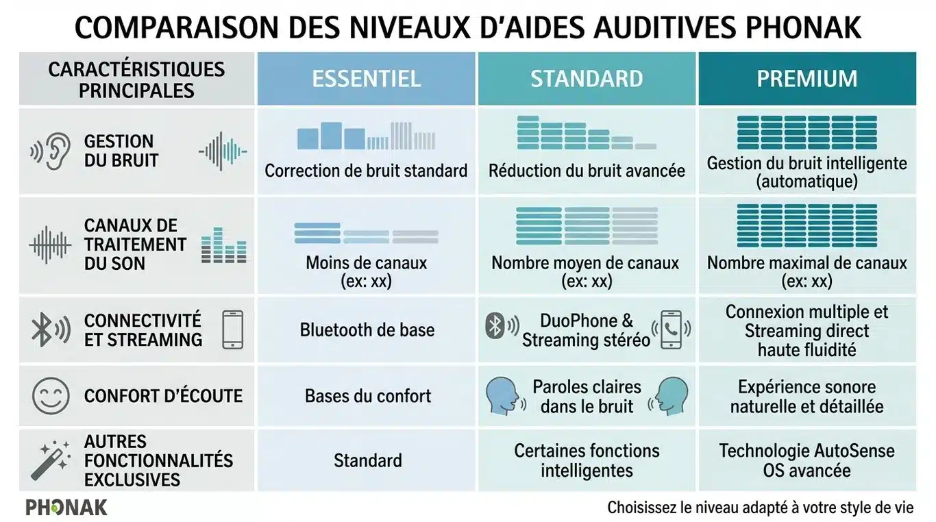 Infographie comparative des gammes d'aides auditives Phonak : Essentielle, Standard et Premium