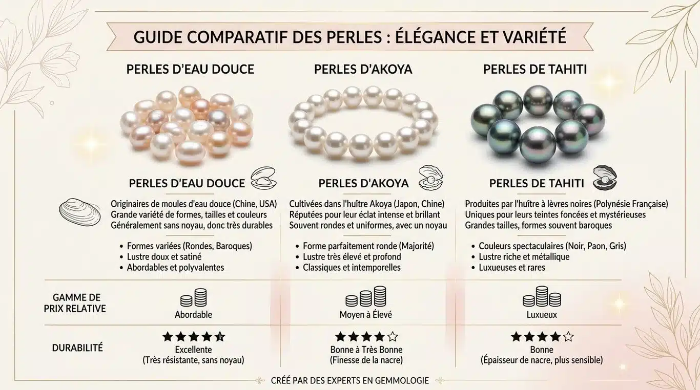 Infographie comparative des types de perles de culture : eau douce, Akoya et Tahiti, illustrant leurs caractéristiques et positionnement prix.