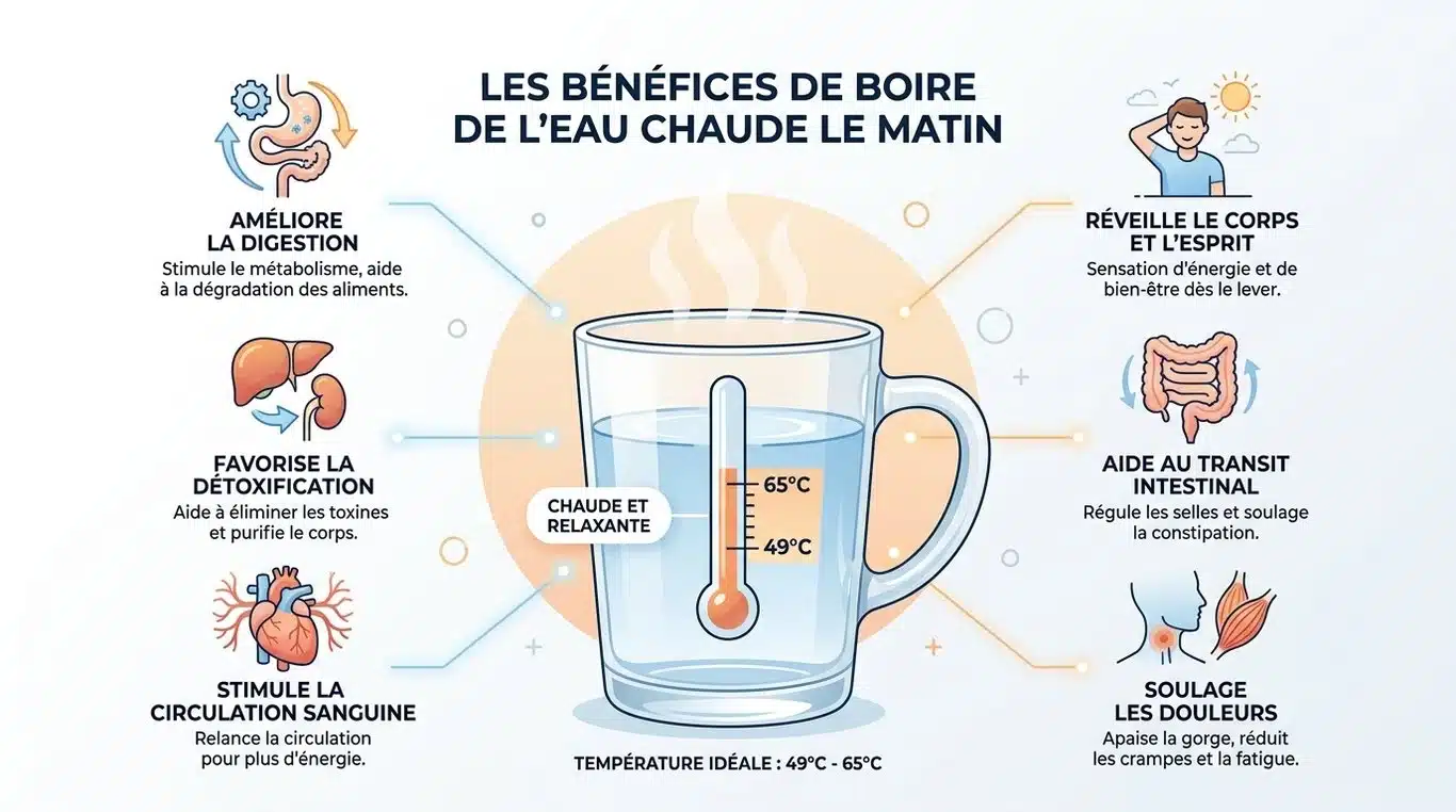 Infographie des bienfaits de l'eau chaude le matin et température idéale