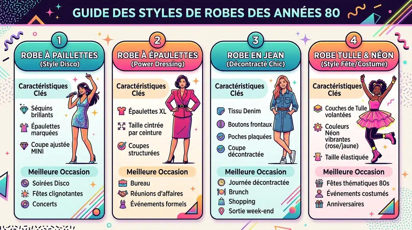 Infographie des styles de robes emblématiques des années 80