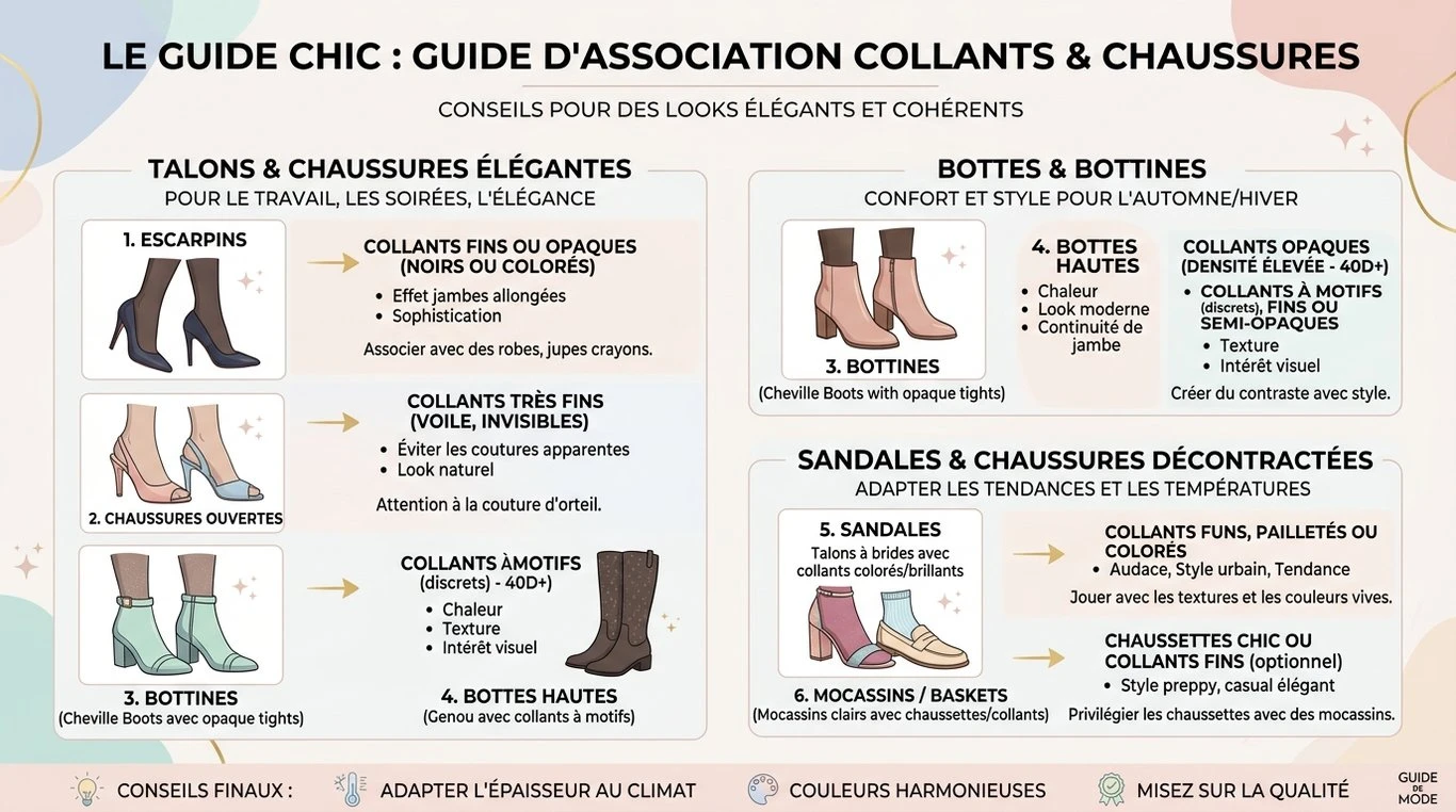 Infographie récapitulative des meilleures associations entre collants et chaussures