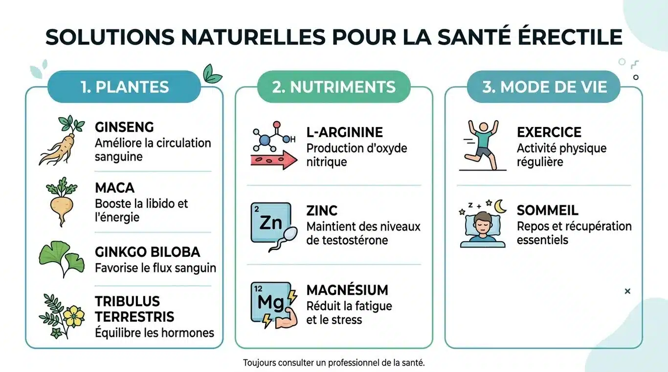 Infographie récapitulative des solutions naturelles pour la santé érectile : plantes, nutriments et hygiène de vie.