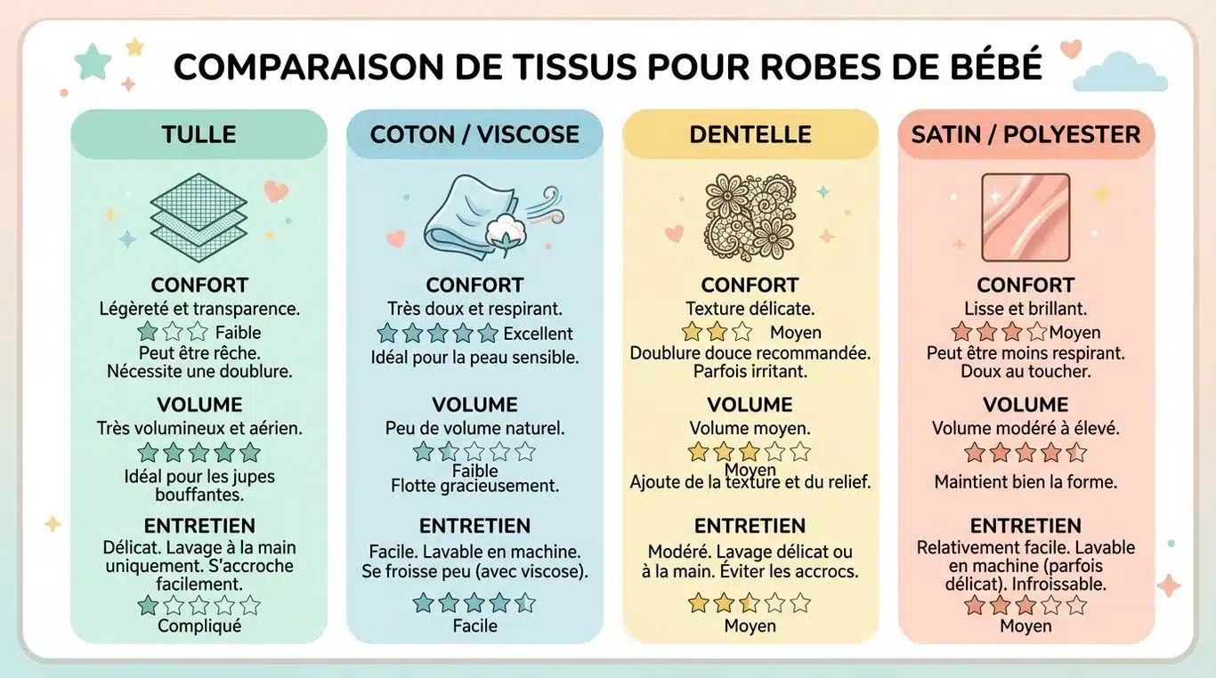 Infographie comparative des matières pour une robe de bébé