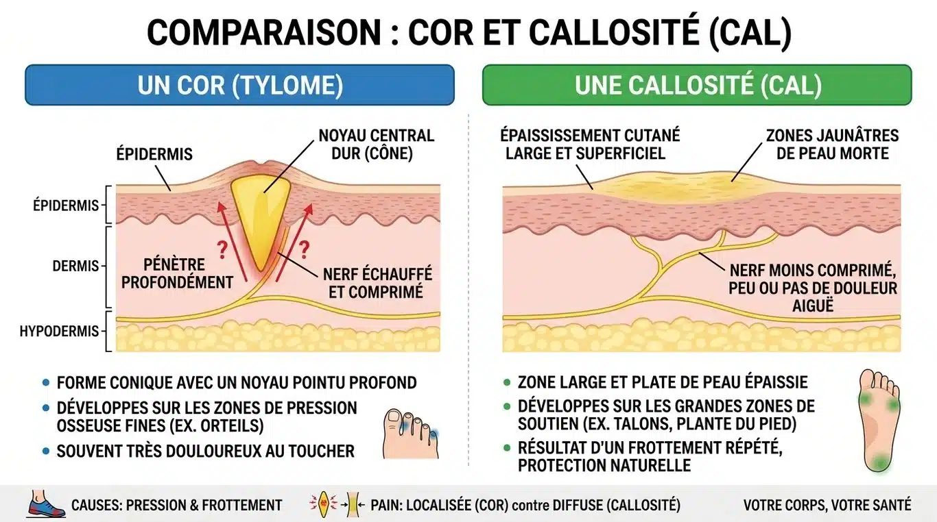 Infographie comparative illustrant la différence anatomique entre un cor au pied et un durillon