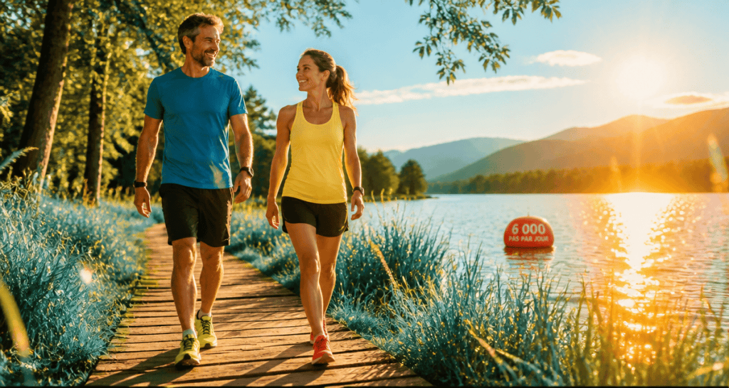 6000 pas par jour couple marche lac