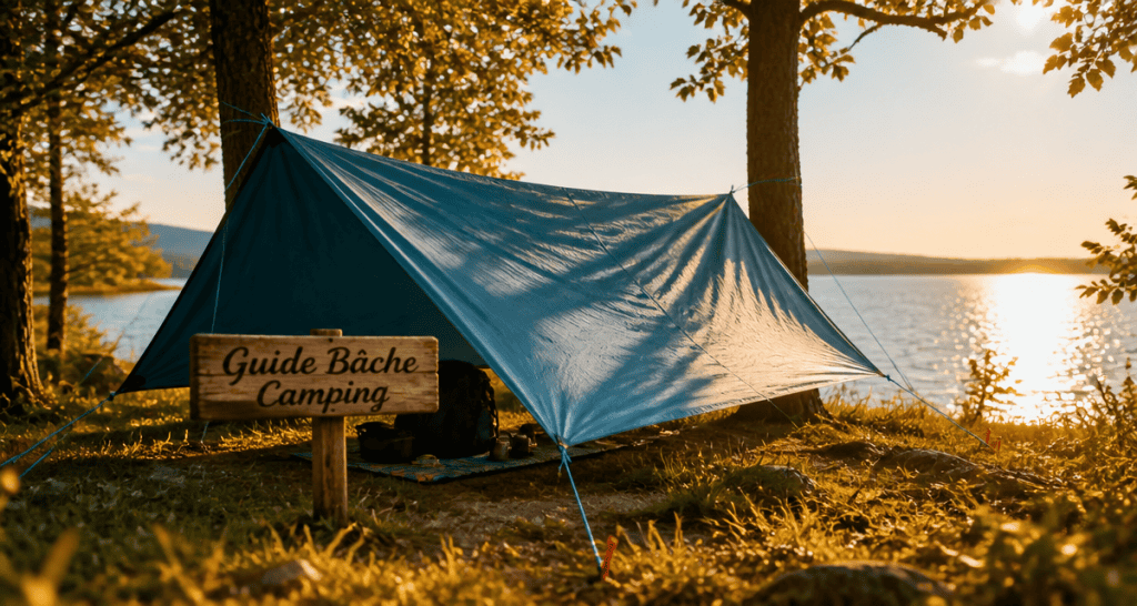 bache camping tendue au bord d’un lac