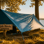 bache camping tendue au bord d’un lac