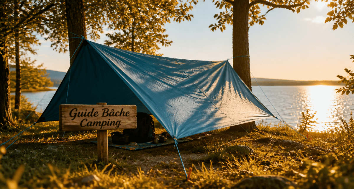 bache camping tendue au bord d’un lac