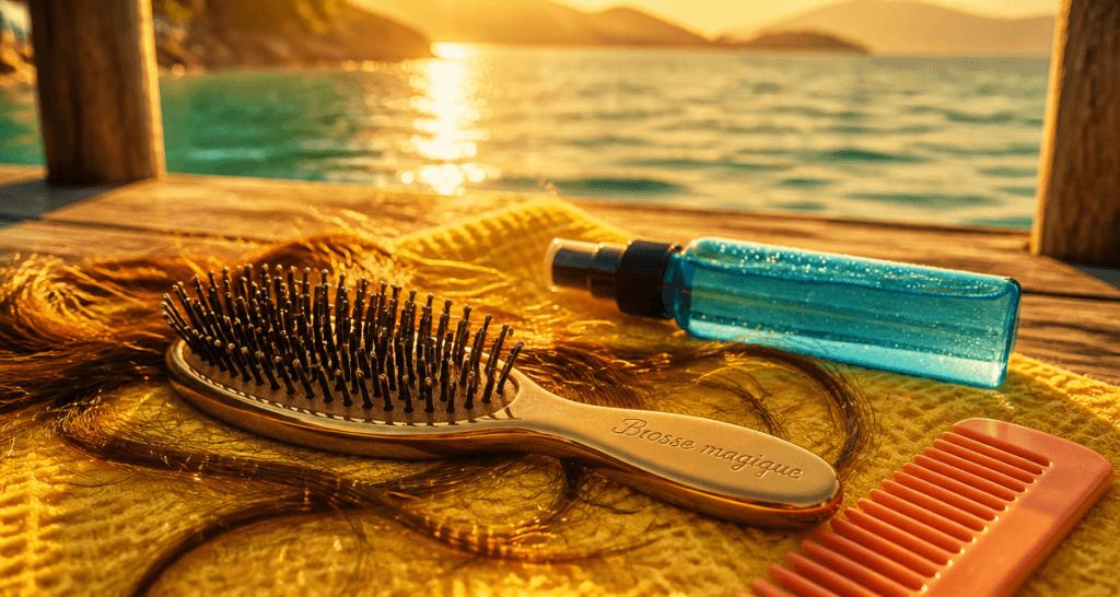 brosse magique sur serviette jaune au bord du lac