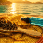 brosse magique sur serviette jaune au bord du lac