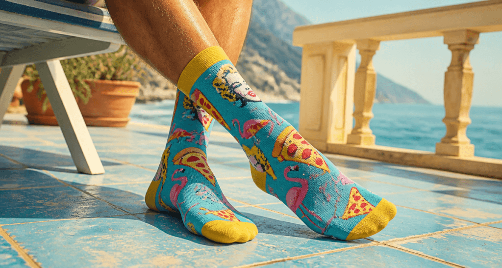 chaussettes droles motifs colorés terrasse