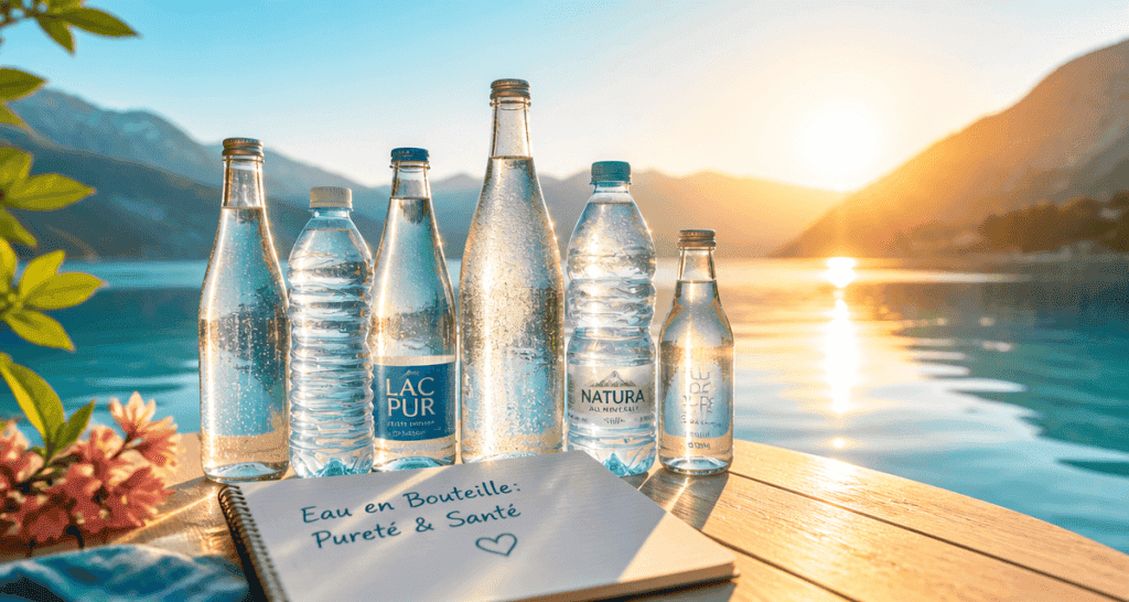 eau en bouteille la plus saine sur table au bord du lac
