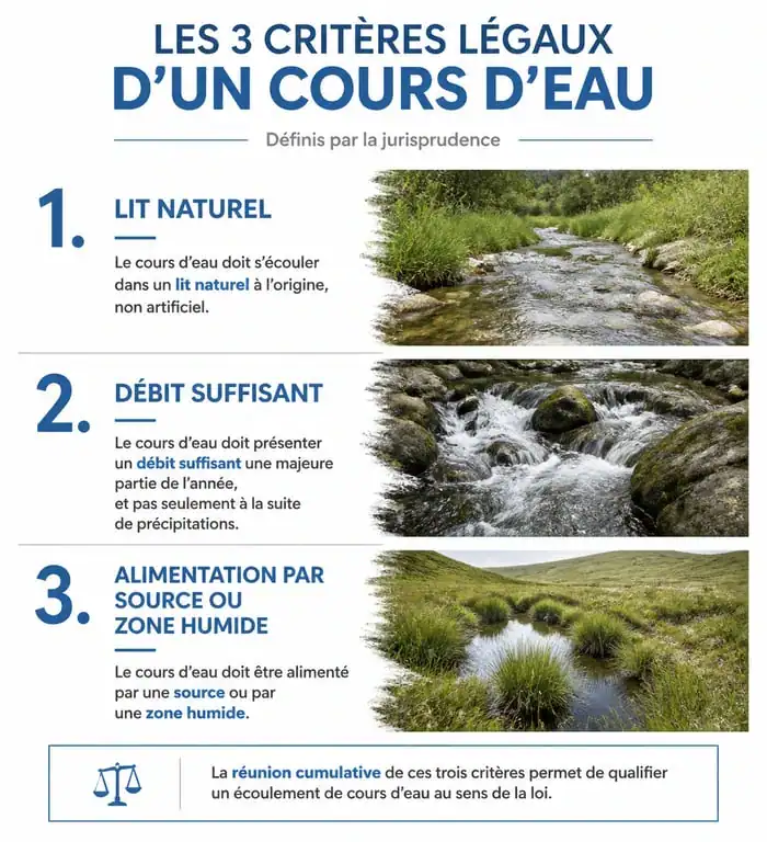 Infographie des trois critères légaux définissant un cours d'eau en France