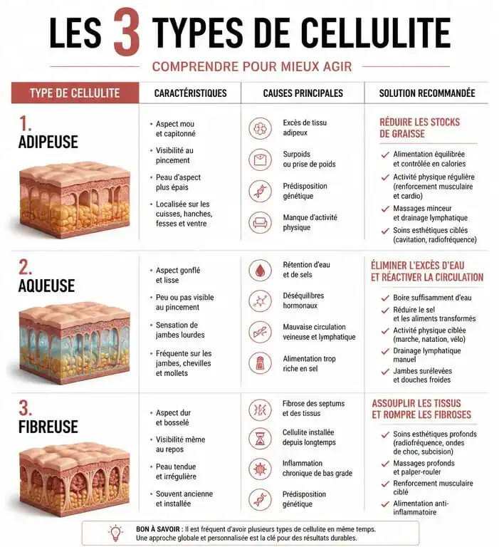Infographie comparative des trois types de cellulite pour perdre la cellulite des cuisses efficacement