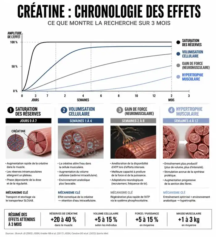 Infographie chronologie des effets de la créatine avant après