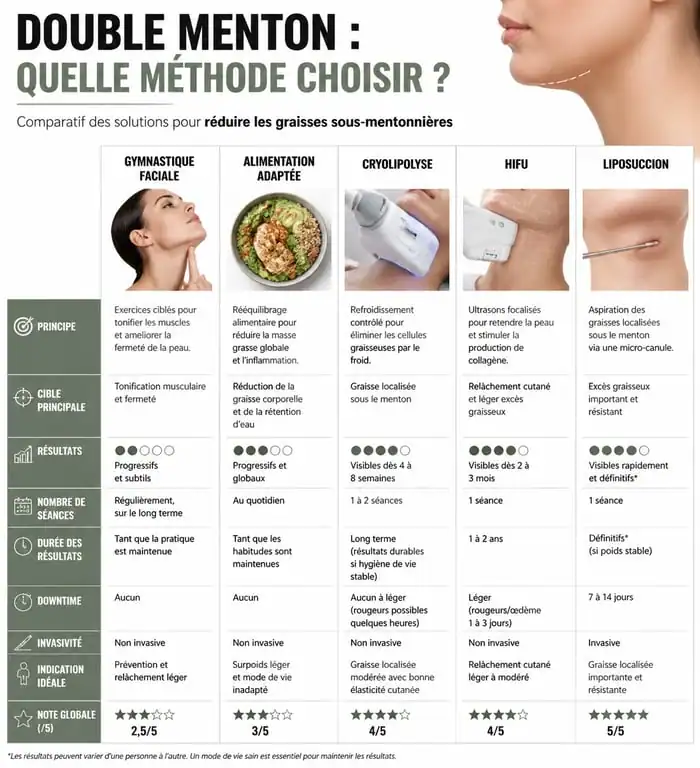 Infographie comparative des méthodes pour perdre son double menton : exercices, alimentation et traitements médicaux.