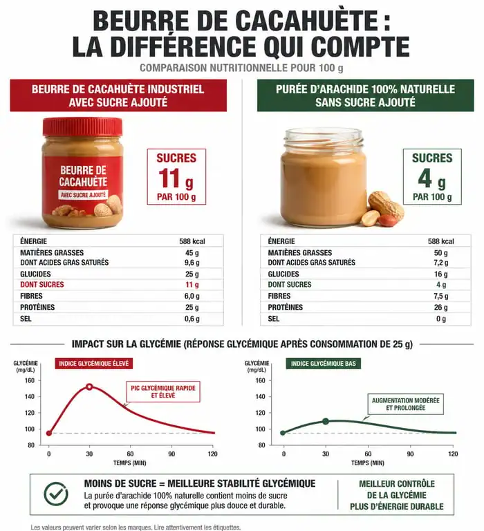 Infographie comparative : beurre de cacahuète sans sucre vs classique