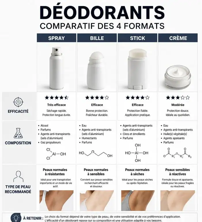 Infographie comparative des différents types de déodorants pour savoir quel déodorant choisir selon son type de peau et ses besoins.