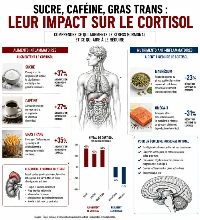 Infographie sur l'impact de l'alimentation sur le taux de cortisol et les aliments à éviter pour réduire le stress