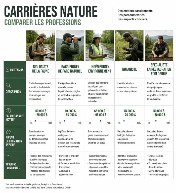 Infographie comparative des métiers dans la nature : salaires et niveaux d'études