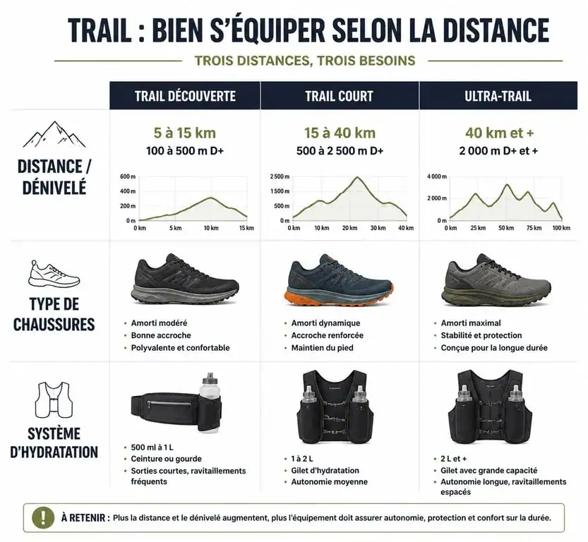 Infographie comparative des équipements de trail running selon la distance et le dénivelé